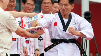 김문수 대선 후보, 송판 격파 '괴물 독제'